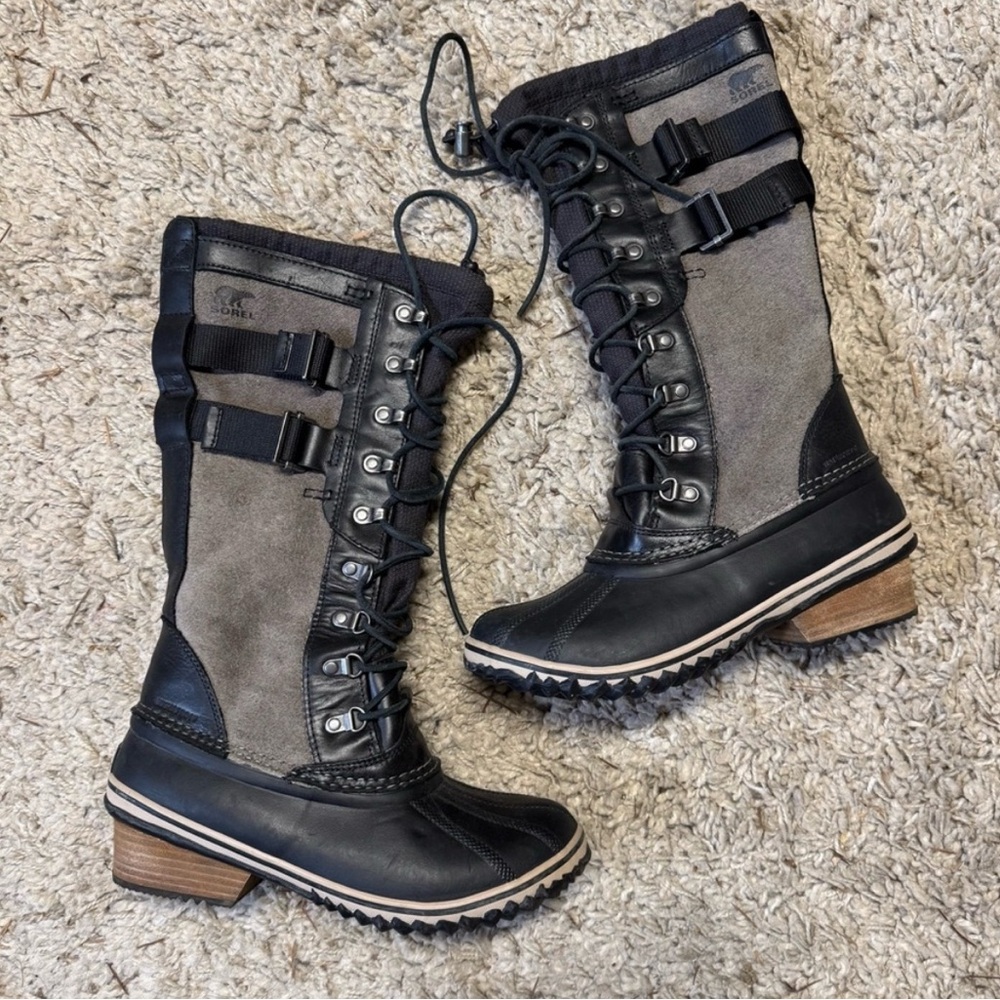 SOREL CONQUEST CARLY II TALL LEATHER BOOTS BLACK KETTLE NL2273-010 Waterproof